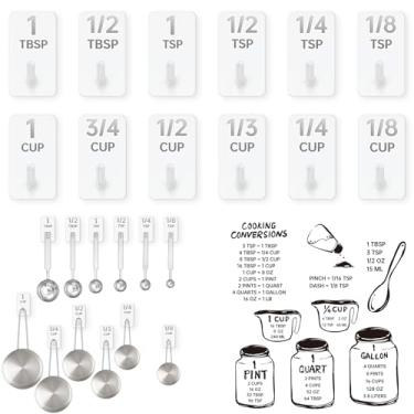 Imagem de Verigud Organizador de copo e colher medidor, pacote com 12 ganchos de aço inoxidável brancos para pendurar com 6 adesivos de tabela de conversão de cozinha, ganchos de cozinha para armazenamento