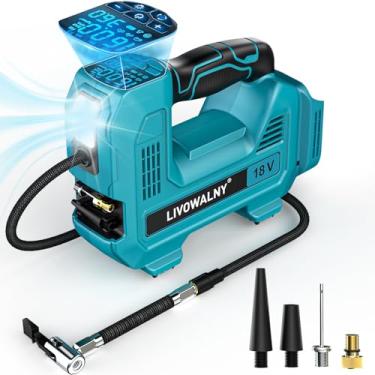 Imagem de Compressor de ar inflador de pneu sem fio compatível com bateria Makita de 18 V, bomba de ar portátil LIVOWALNY com medidor de pressão digital para carros, motocicletas, bicicletas, bolas esportivas