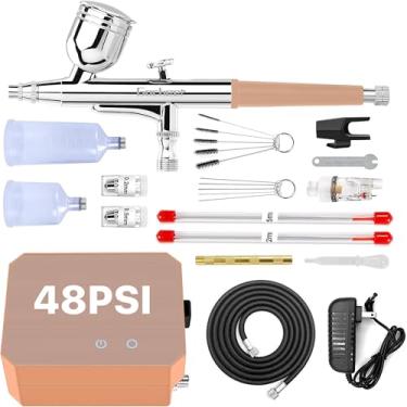Imagem de Gocheer Kit de aerógrafo com compressor de ar, escova de ar de alta pressão de 48 PSI sem entupimento com bocal/conjuntos de limpeza de 0,2/0,3/0,5 mm, ideal para pintura, modelagem, decoração de