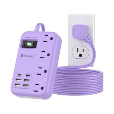 Imagem de Beeiker 6 USB (2 USB C) Faixa de alimentação roxa protetora contra surtos - Cabo de extensão roxo de 3 m com estação de carregamento USB de 24 W e 4 tomadas, acessórios de mesa rosa para quarto de