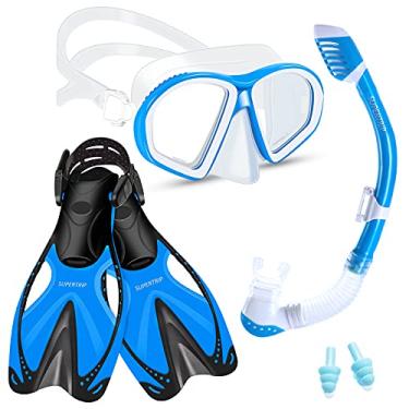 Imagem de Supertrip Conjunto de máscara infantil para mergulho com snorkel, conjunto de equipamento de mergulho com máscara de snorkel de vidro temperado, óculos de mergulho, snorkel seco, nadadeiras ajustáveis para meninos e meninas (azul, P/M (9-13))