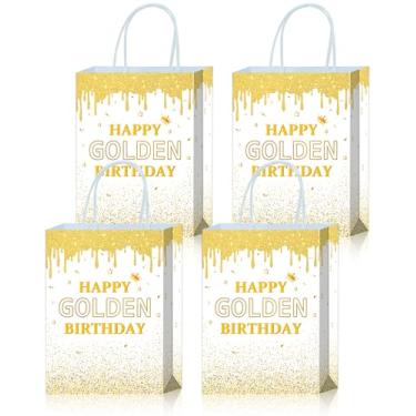 Imagem de Roselush 16 peças de sacolas de presente de papel de feliz aniversário douradas brancas - sacolas de brindes, sacolas de lembrancinhas de festa, decorações de feliz aniversário, douradas