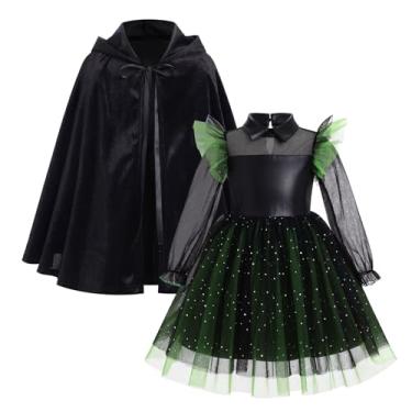 Imagem de FYMNSI Fantasia infantil de bruxa de Halloween manga comprida com babados tule, vestido tutu e capa, 2 peças, bebê, bruxa, cosplay, roupas de conto de fadas, escuro, verde, 4-5 anos