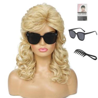Imagem de Peruca Auguyist Mullet Long Curly para mulheres dos anos 80 com óculos