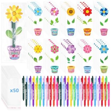 Imagem de Drcowu Pacote com 50 presentes de agradecimento ao professor com canetas esferográficas inspiradoras, cartões motivacionais em forma de vaso de flores, notas adesivas e cartões de agradecimento para