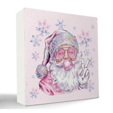 Imagem de kunlisa Placa de madeira de Papai Noel rosa engraçada, decoração de mesa de Natal, disco de Natal descolado, chiclete de bolha, Papai Noel, floco de neve, placa de caixa de madeira para decoração de
