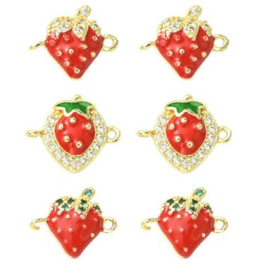 Imagem de UR URLIFEHALL 6 peças, 3 estilos, zircônia cúbica, vermelho, morango, amuletos de elos de frutas esmaltados de latão para pulseira faça você mesmo, colar, suprimentos de artesanato