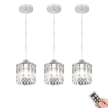 Imagem de Conjunto de luminárias pendentes de vidro de cristal sem fio com controle remoto, pacote com 3 unidades, recarregável e sem necessidade de fiação, luminária de teto prateada moderna para coz