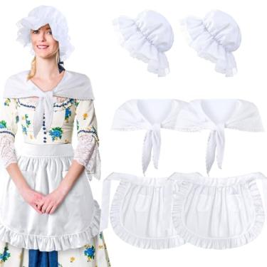 Imagem de Hercicy Conjunto de 6 peças de fantasia colonial branco, touca, xale, cintura, avental de peregrino, acessórios para mulheres e meninas (clássico)