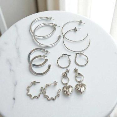 Imagem de Brincos Argola e Coração Cor Prata Kit 6 Pares Niquelados Modelos Vari