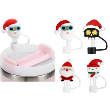 Imagem de Capa de palha de Natal de Halloween compatível com Stanley Cup 30 1,134 g, 4 peças de topo de canudo reutilizável de silicone incluindo 4 estilos, capa engraçada de palha de festa para Stanley