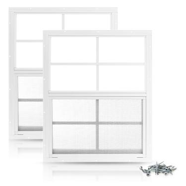 Imagem de PRO FLEX Pacote com 2 janelas para galpão, 61 cm x 68 cm – Montagem embutida de alumínio branco ultra grosso com vidro temperado e tela – Janelas de galpão com controle deslizante vertical e parafusos