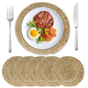 Imagem de Rierdge Conjunto de 6 peças de jogo americano de vime de tecido redondo, tapetes de jacinto de água natural de 30,5 cm, mesa de fazenda artesanal, tapetes de vime trançados resistentes ao calor para