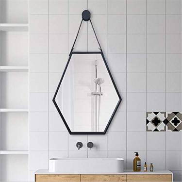Imagem de Minimalismo moderno hexágono moldura de metal preto espelho de maquiagem com corrente suspensa espelho decorativo de parede para entradas banheiros espelho de sala de estar
