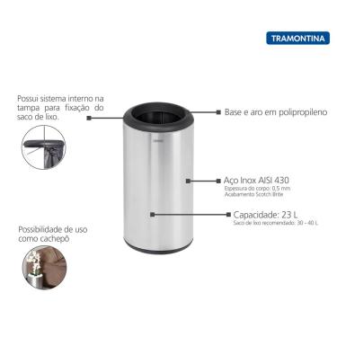 Imagem de Lixeira Inox Tramontina Cápsula com Acabamento Scotch Brite e Aro e Base em Polipropileno 23 L