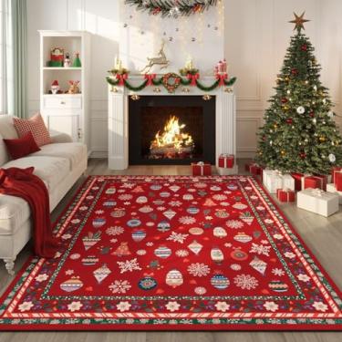 Imagem de Rugcomf Tapetes natalinos 12 x 18 cm – Tapete vermelho com floco de neve para sala de estar, lavável na máquina, antiderrapante, tapete para quarto, escritório, sala de jantar, fazenda, sala de jogos