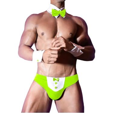 Imagem de Avidlove Cuecas masculinas sensuais, lingerie de cavalheiro, laço com laço, fantasia cosplay, shorts e gravata borboleta, conjunto com 4 peças, Verde fluorescente, XXG