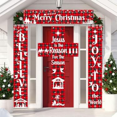 Imagem de 4 peças de decoração de porta de Natal Natal Feliz Natal Buffalo xadrez capa de porta Natal Jesus é a razão para a temporada varanda banner placa de fundo religioso para igreja de inverno domingo