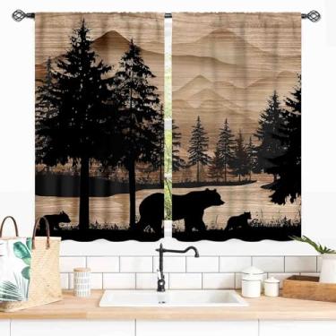 Imagem de Cortinas de urso de fazenda, retrô rústica floresta lago pinheiro, silhueta campestre cabana chalé vintage blackout cortinas de janela tratamentos para cozinha, quarto, sala de estar, conjunto de 2