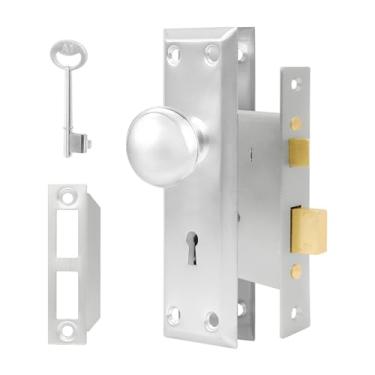 Imagem de Maçaneta de porta vintage com fechadura para portas interiores níquel escovado, conjunto de fechadura de encaixe de latão antigo, 2 unidades, banheiro e quarto antiquados com chave de esqueleto para