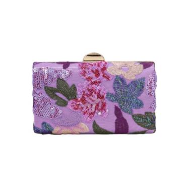 Imagem de QWINEE Bolsa feminina de lantejoulas com bordado floral para noite elegante mini bolsa transversal bolsa de festa de casamento, Roxo escuro, one_size