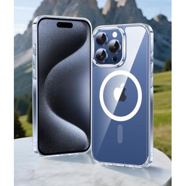 Imagem de Capa para iPhone 15 Pro Max, compatível com MagSafe, proteção contra quedas de nível militar, à prova de choque, carregamento sem fio, capa transparente fina - transparente