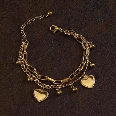 Imagem de Pulseira de elos de camada dupla de coração retrô dourado com enfeite de pingente de contas de ouro simples e joia ajustável, adequada para uso diário, presente de aniversário
