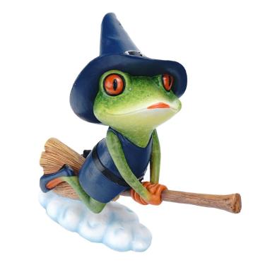 Imagem de Escultura: figura de sapo de bruxa voadora, resina de 21 cm com vassoura