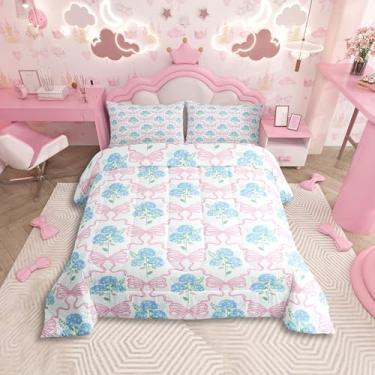 Imagem de Feelyou Jogo de cama fofo com laço rosa macio para meninos e meninas, conjunto de edredom de flor floral, tamanho solteiro, boêmia, microfibra, decoração de quarto, 2 peças com 1 fronha