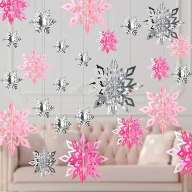 Imagem de Whaline 30 peças de decorações de pendurar de Natal grande 3D rosa prata floco de neve enfeite de pingente de papel com cordão guirlanda de floco de neve prata para Natal, inverno, festa no país das
