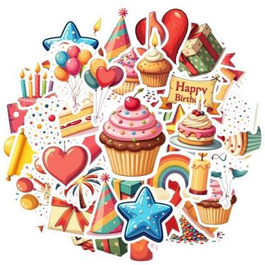 Imagem de 50 peças adesivos festivos de festa comemoração aniversário brinquedos papelaria adesivos aniversário para mala geladeira telefone bagagem laptop guitarra carro adesivos brinquedos DIY telefone laptop