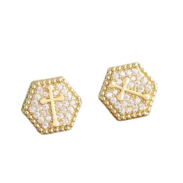 Imagem de Brincos de zircônia cúbica com cruz hexagonal para mulheres, joias religiosas modernas para uso diário e presente, Medium, Cobre, Zircônia
