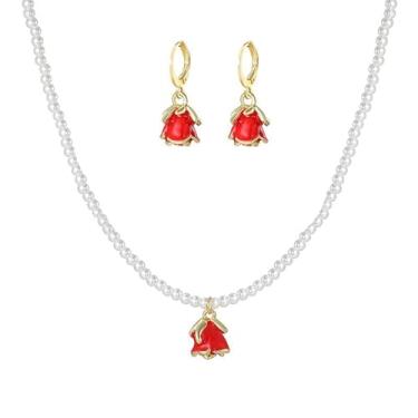 Imagem de ONLYJUMP Conjunto de 2 pares de brincos de colar de coração de pérola para mulheres, colar delicado com pingente de pérola, laço de coração vermelho, flor, lábio, argola, joias, festa de casamento
