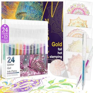 Imagem de Canetas de gel retráteis de glitter com 24 cores e livro de colorir mandala de folha dourada