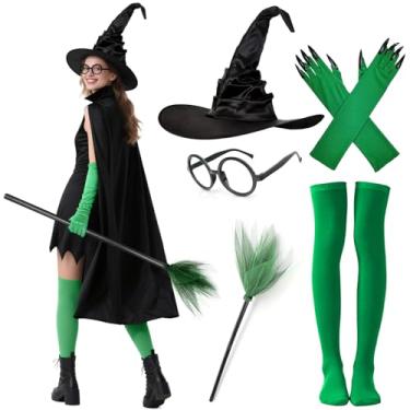 Imagem de Conjunto de fantasia de bruxa para adultos, capa medieval, chapéu de feiticeiro, luvas, acessórios de vassoura, roupas, festas de cosplay de Halloween, Verde-preto, standard