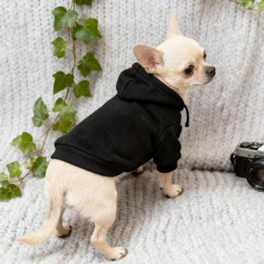 Imagem de Moletom com capuz preto para cães de inverno para raças pequenas e médias, suéter com capuz forrado de lã quente, vestuário para animais de estimação para clima frio com acesso à coleira