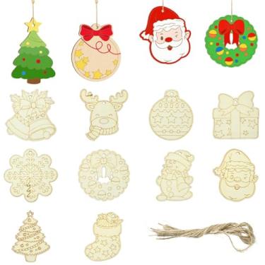 Imagem de UR URLIFEHALL 40 peças de enfeites de Natal aleatórios de madeira inacabados em branco, boneco de neve, veado, árvore de Natal, recorte de fatia de madeira para artesanato doméstico, decorações