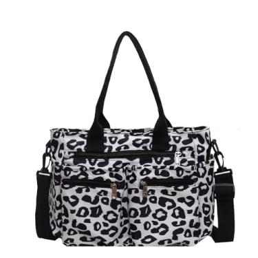 Imagem de Sacola feminina com estampa de leopardo para trabalho diário, guepardo, bolsa de ombro de lona com vários bolsos para uso diário em viagens (bolsa de leopardo preta)