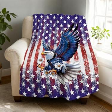 Imagem de Cobertor de lã de águia com bandeira americana 127 x 152 cm para sofá cama, cobertor de flanela de microfibra super macio e aconchegante leve para mulheres, homens e crianças