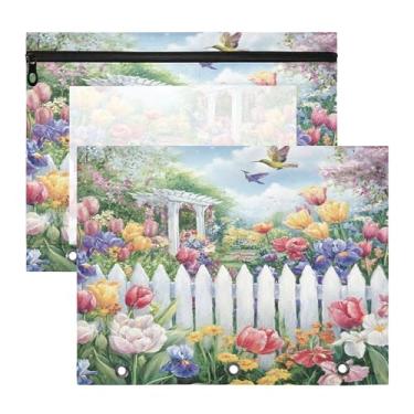 Imagem de SEHANY Pasta de lápis de flores de jardim com 3 anéis – Bolsa para documentos tamanho A4 com janela transparente para sala de aula, escritório, 2 peças