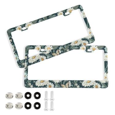 Imagem de SEHANY Molduras de placa de licença de flores florais coloridas, capas de moldura de placa de carro de alumínio à prova de ferrugem com orifícios elípticos e parafusos serve para veículos padrão dos