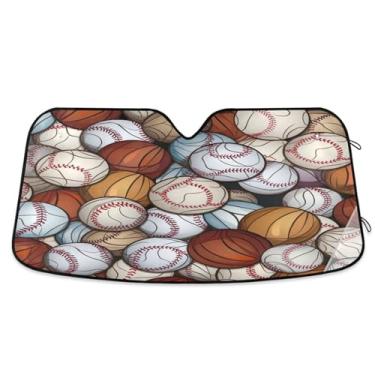 Imagem de ATTX Padrão de bolas de beisebol pára-brisa de carro 134,6 cm x 59,7 cm escudo solar universal com proteção UV, persiana de janela frontal automática dobrável para sedãs SUVs caminhões #138