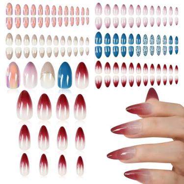 Imagem de Pacote com 5 pregos franceses pré-projetados, unhas postiças de amêndoa de comprimento médio, rosa metálico, azul, vermelho, kit de decoração de unhas para arte em unhas, faça você mesmo
