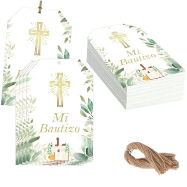 Imagem de Etiquetas de presente de batismo religioso dourado Mi Bautizo Card 50 peças cruz dourada agradecimento etiquetas de papel com cordão - etiqueta de presente espanhol God Blessed para lembrancinhas de
