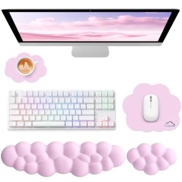 Imagem de Sushret Cloud Apoio de Pulso para Teclado de Computador, Conjunto 4 em 1 com Espuma de Memória e Couro, Mouse Pad com Suporte Ergonômico para Braço e Palma, Ideal para Jogos e Trabalho