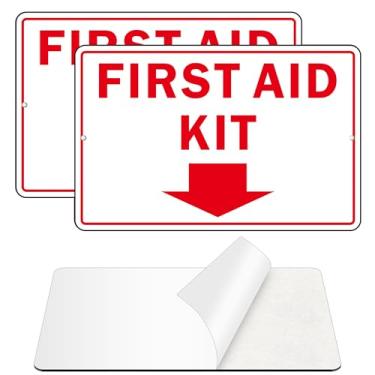 Imagem de Placa de primeiros socorros (pacote com 2) placa autoadesiva de kit de primeiros socorros para parede, placas de metal de alumínio com 2 furos pré-perfurados (23 x 15 cm, branco/vermelho)