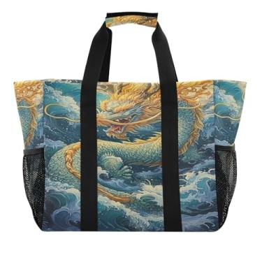 Imagem de Wassud Dragon on The Sea Sacolas de mercearia reutilizáveis grande bolsa organizadora de lona impermeável para praia, piquenique, lavanderia, viagem
