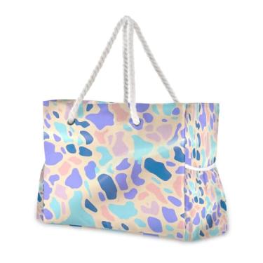 Imagem de Wassud Bolsa de praia colorida com design de leopardo grande, bolsa de praia para mulheres, impermeável, à prova de areia, bolsa de viagem com zíper e bolso para piscina, academia, acampamento