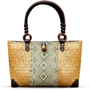 Imagem de QTKJ Bolsa de palha para mulheres, sacola de vime feita à mão na praia de verão, bolsa de mão boho retrô, bolsa grande para férias na praia (natural)