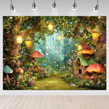Imagem de Mocsicka Fundo de foto de floresta encantada, floresta, borboleta, árvore mágica, cogumelo, princesa, aniversário, decoração, banner, fotografia, aniversário, fundo (2,4 x 1,8 m)